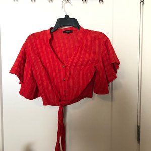 Tie Buttoned Cropped Red Top